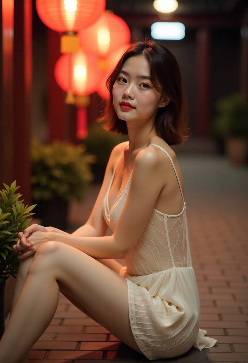爷爷和孙子在院子里修理自行车